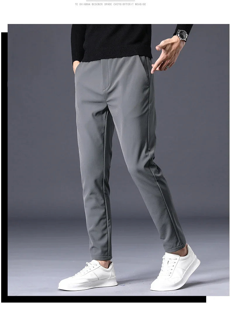 Winter Warm Fleece Men's Business Casual Pants Stretch Slim Fashion Korean Thermal Trousers Classic Simple Male Plush Clothes