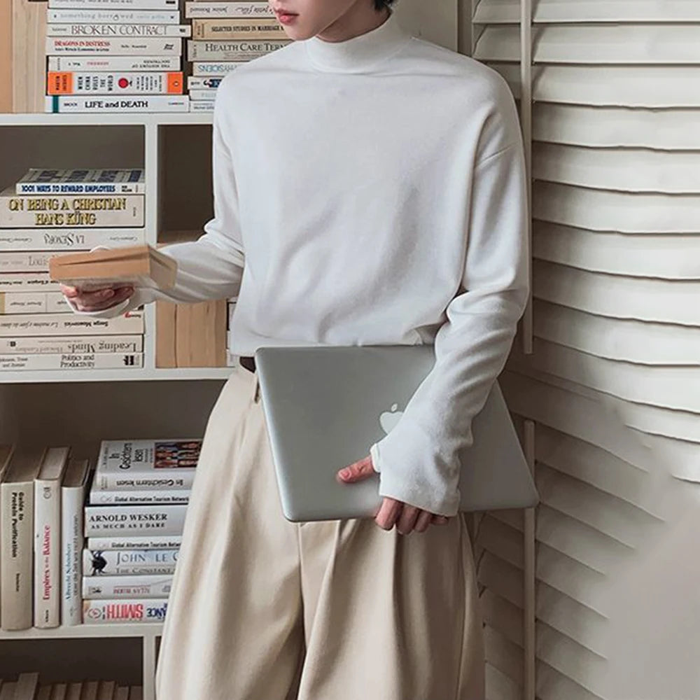 Korean Street Fashion Half Turtleneck Solid Color Long-Sleeved T-Shirt Mens Autumn Winter Pure Cotton Casual Bottoming Shirt Men