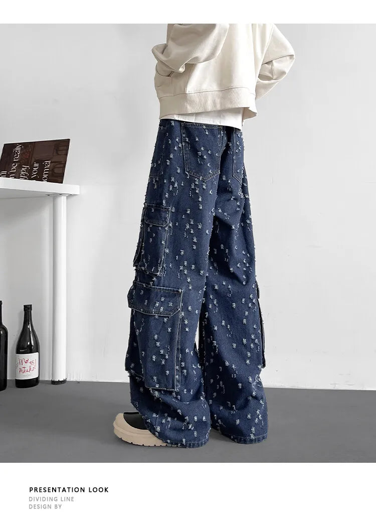 Cargo jean pants Men Wide Leg DenimLoose Straight Baggy Men's Jeans hip hop Streetwear Skateboard Neutral denim Trousers