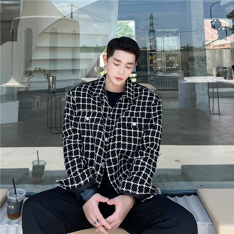 Autumn Winter Men's Fashion Plaid Jacket Coat Turn-down Collar Buttons Woolen Thick Outerwear Clothing Chic Check Shacket Man