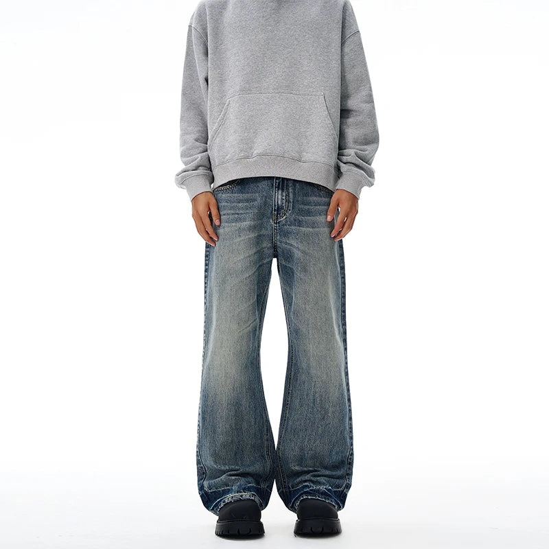 Vintage Wash Men's Loose Jeans American Cleanfit High Street Micro Flared Trousers Autumn Fashion Casual Wide-leg Denim Pants