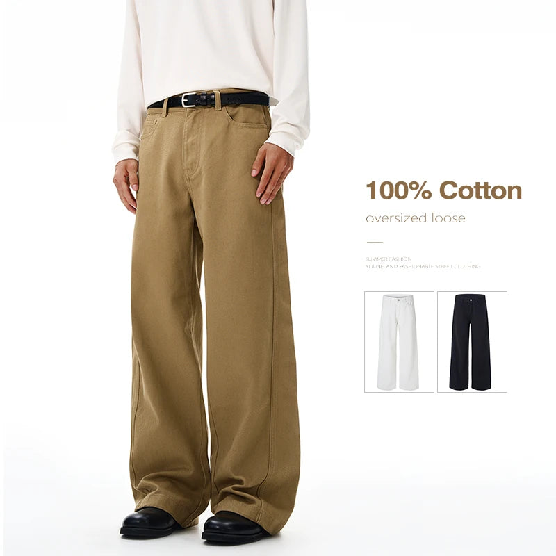 100% Cotton Men's Loose Casual Pants Autumn New Fashion Comfortable Wide-leg Oversized Trousers Streetwear White Khaki Black