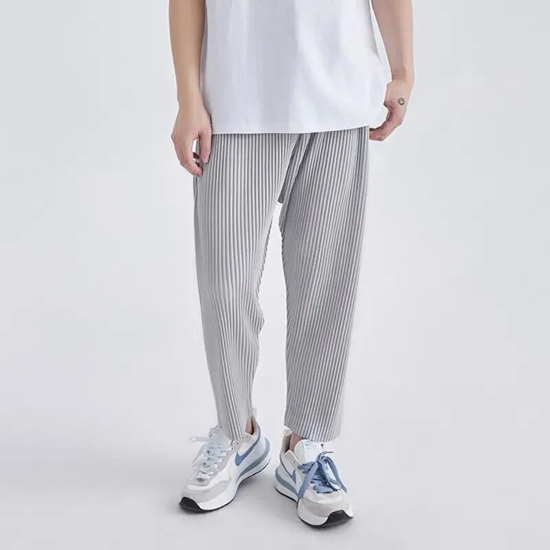 Summer Casual Pants Men Fashion Gray Black Pleated Pants Men Japanese Streetwear Loose Straight Pants Mens Ice Silk Trousers