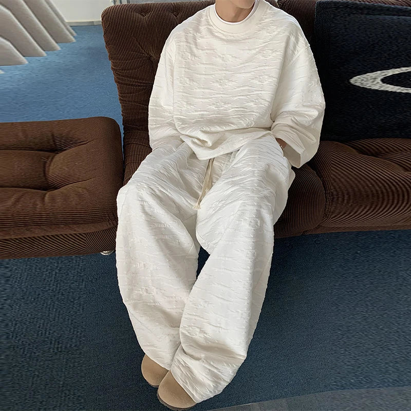 New Autumn Popular Men's Sets Trendy Jacquard Loose Solid Color Sweatshirt+Trouser 2 Piece  Suit Leisure High Quality Tracksuits