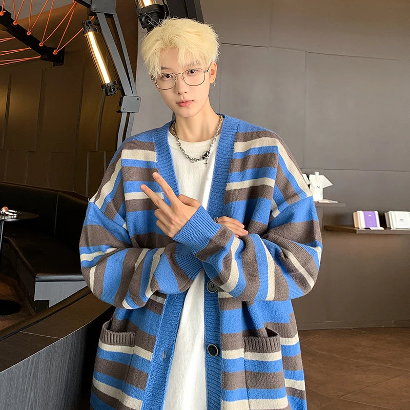 Autumn Striped Cardigan Sweater Men Korean Knitted Sweater Pullover Harajuku Hip Hop Streetwear Loose Knitwear Coat Male Clothes