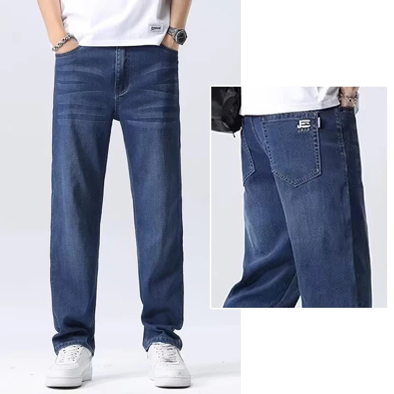 Men Comfortable Lyocell Fabric Thin Jeans Male Baggy Straight Leg Casual Denim Pants Trend Brand Daily Wide Leg Draping Trousers