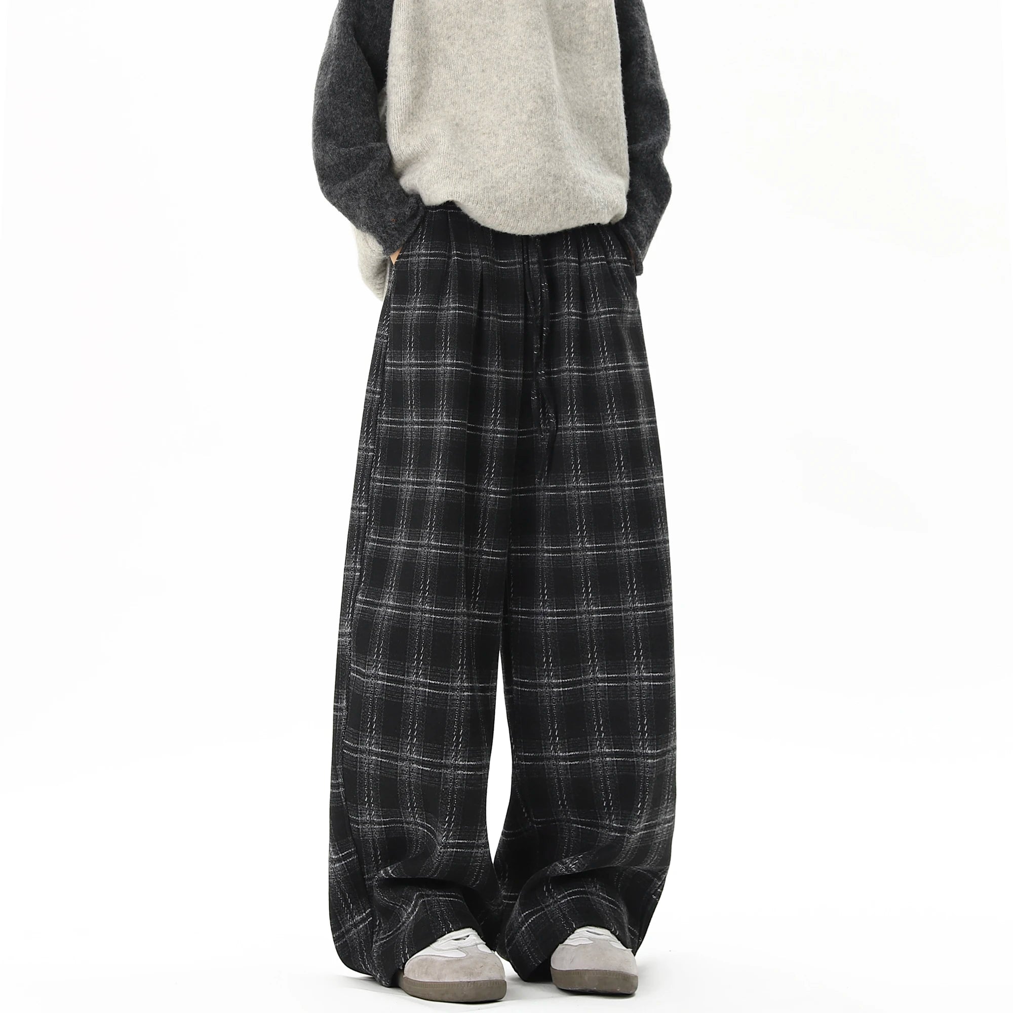 Winter Trendy Tartan Fleeced Plaid Casual Pants Men's Loose Straight Warm Long Pants Mopping Trousers For Men Black/Coffee
