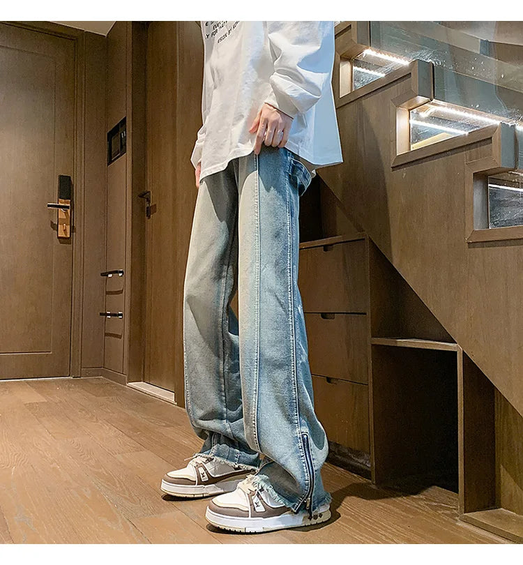 Autumn jeans men New Fashion Side Zipper Casual Jean Pants Men High Street Loose Straight Pant Mens Vintage All-match Trousers