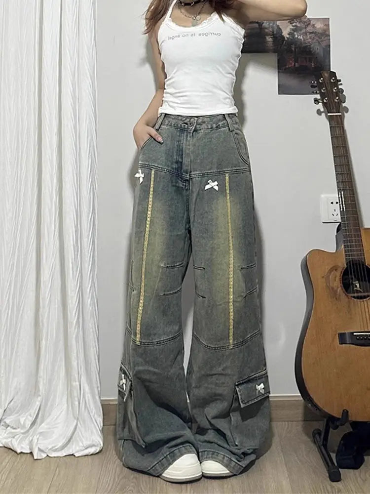 Spring and Autumn New Men and Women Trendy Personalized Straight Tube Splicing Jeans for Couples Loose Retro Casual Pants