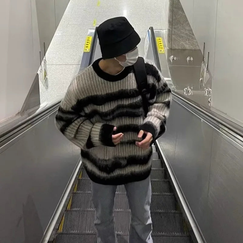 Plush Pullovers Men Autumn Winter Striped Fashion High Street Slouchy Loose Couples Knitted Sweater Y2k Harajuku Warm Outwear