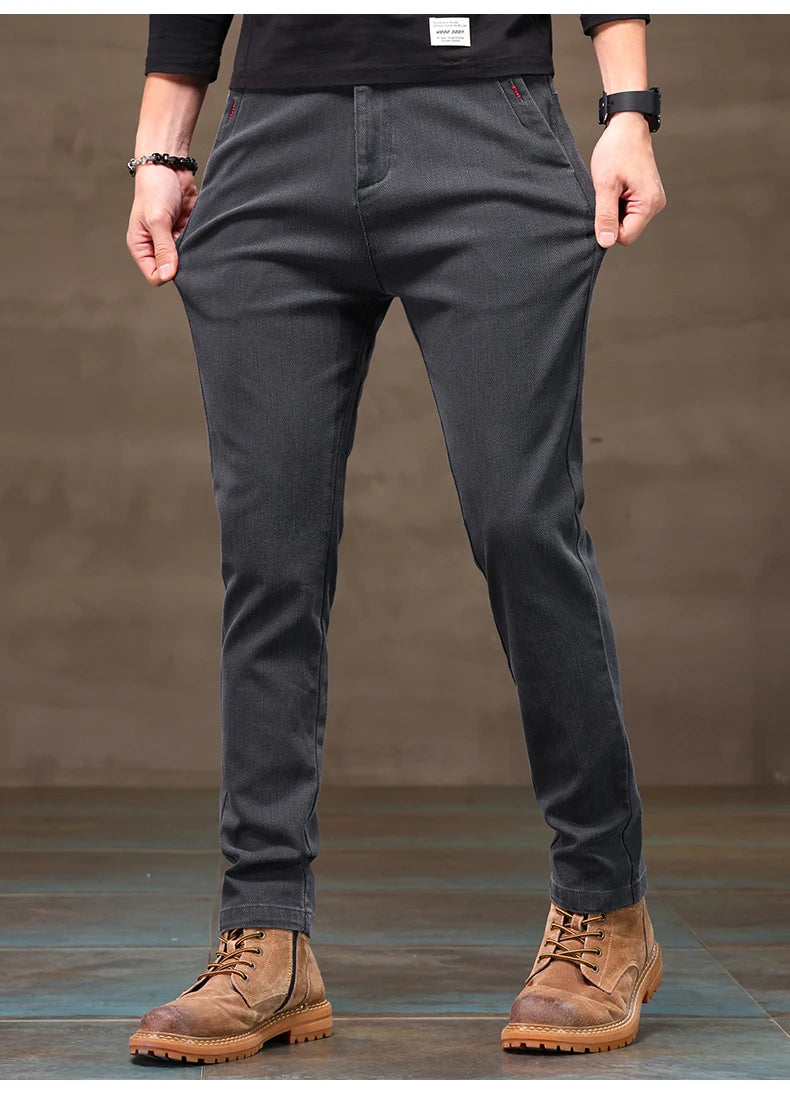 Men's Business Casual Pants Stretch Slim Fit Straight Semi-elastic Waist Trousers Solid Classic Office Work Male Clothing