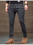 Men's Business Casual Pants Stretch Slim Fit Straight Semi-elastic Waist Trousers Solid Classic Office Work Male Clothing