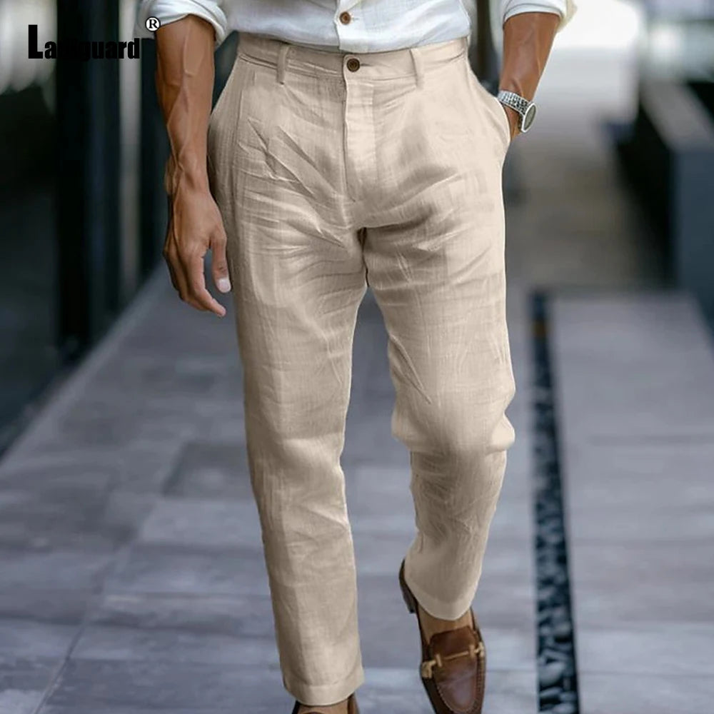 2025 Men's Stand Pocket LInen Beach Pants Solid White Trouser Plus Size Mens Casual Straight Pants Male Ankle-Length Bottoms New
