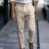 2025 Men's Stand Pocket LInen Beach Pants Solid White Trouser Plus Size Mens Casual Straight Pants Male Ankle-Length Bottoms New
