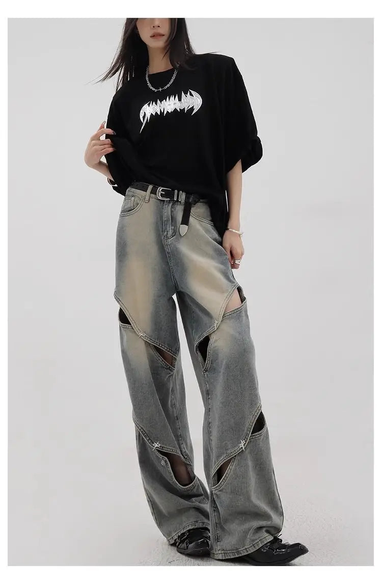 European hip-hop high street men and women trend deconstruction design straight leg jeans couple loose retro casual pants y2k