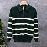 Autumn Winter New Fashion Turn-down Collar Half Zipper Long Sleeve Pullovers Men's Clothing Striped Knitting All-match Chic Tops
