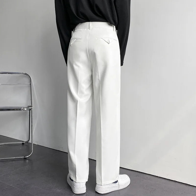 Spring Autumn Men's Fashionable White Korean Style Casual Pants Street Draped Straight Loose Suit Casual Trousers Male