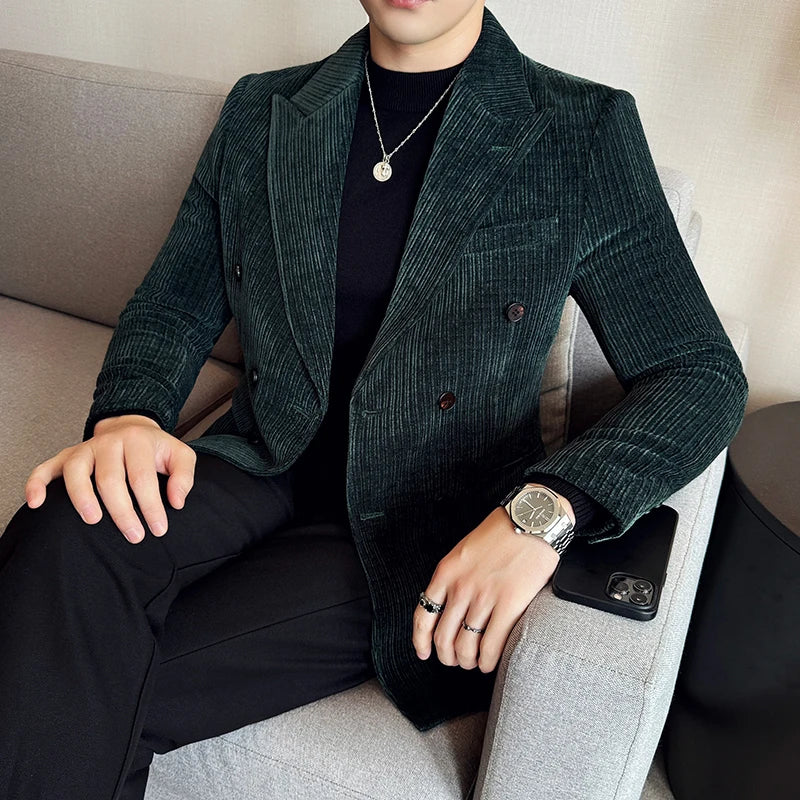 England Style Autumn Winter Men Corduroy Blazer Jackets Double-Breasted High Quality Slim Fit Casual Blazer Jacket Man Black