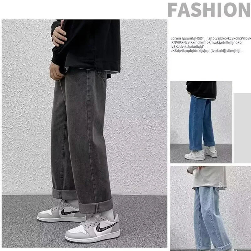 Men Straight-leg Men Jeans Male Baggy Streetwear Wide Leg Denim Pants Hip Hop Style Washed Jeans with Pockets Classic Straight