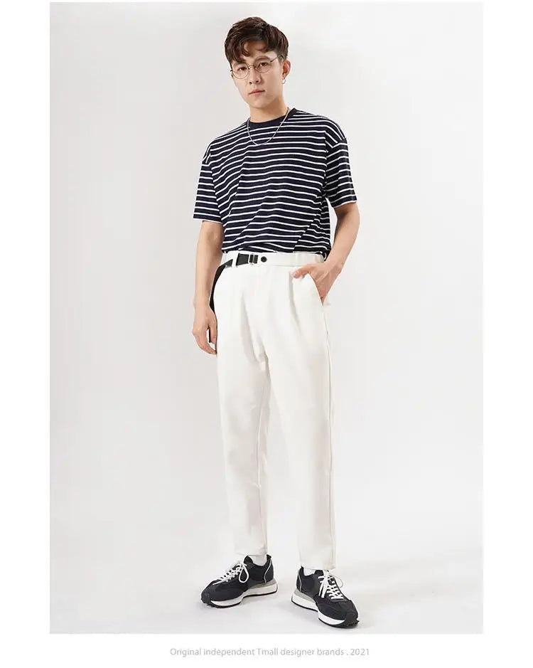 White Stretch Casual Ankle Pants Silhouette Men's Elegant Suit Pants Summer Korean Straight Loose Men's Smart Casual Trousers