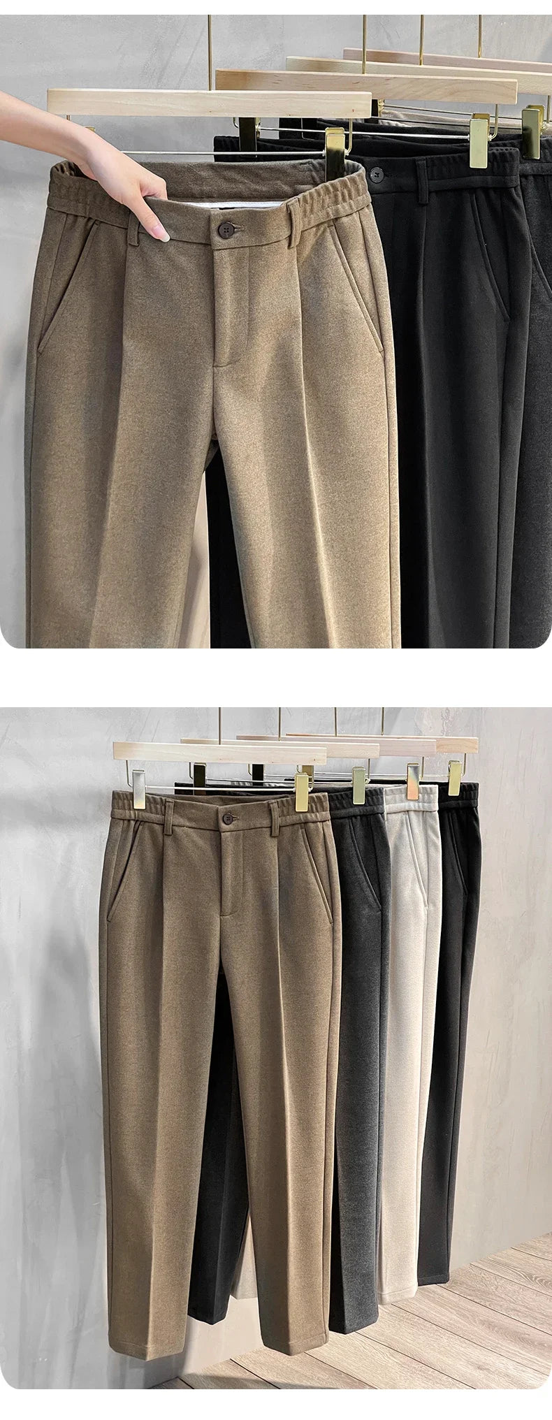 Autumn Winter Men's Woolen Suit Pants Formal Business Office Slim Straight Elastic Waist Korean Casual Tapered Brown Trousers