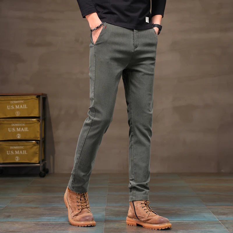 Men's Business Casual Pants Stretch Slim Fit Straight Semi-elastic Waist Trousers Solid Classic Office Work Male Clothing