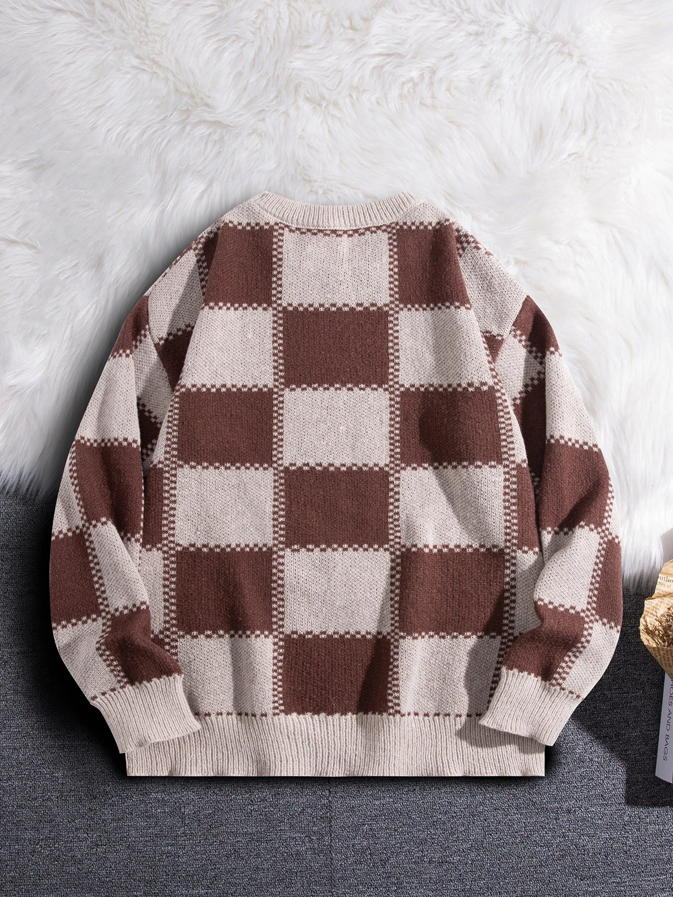 New Popular Autumn Winter Plaid Jacquard Pattern Pullover Sweater Casual Round Neck Contrast Color Knitted Men's Pullover