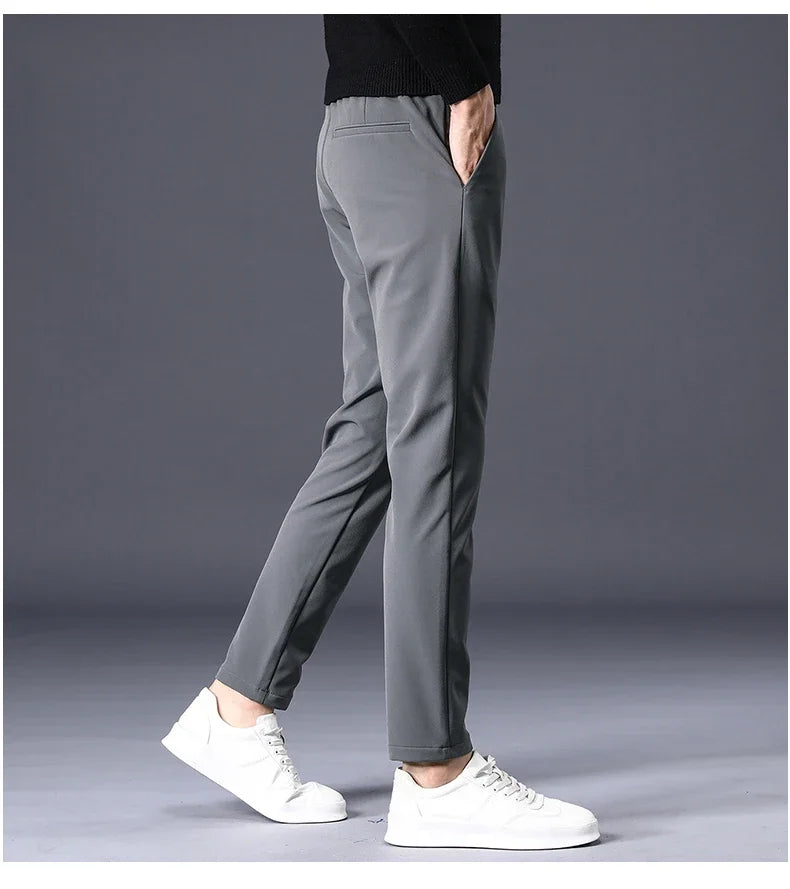 Winter Warm Fleece Men's Business Casual Pants Stretch Slim Fashion Korean Thermal Trousers Classic Simple Male Plush Clothes