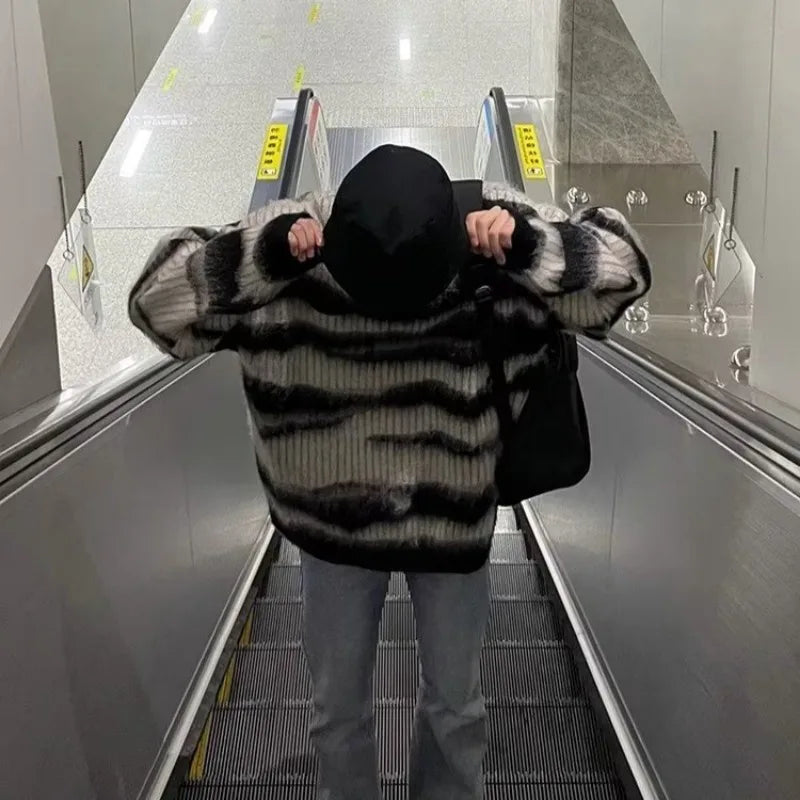 Plush Pullovers Men Autumn Winter Striped Fashion High Street Slouchy Loose Couples Knitted Sweater Y2k Harajuku Warm Outwear