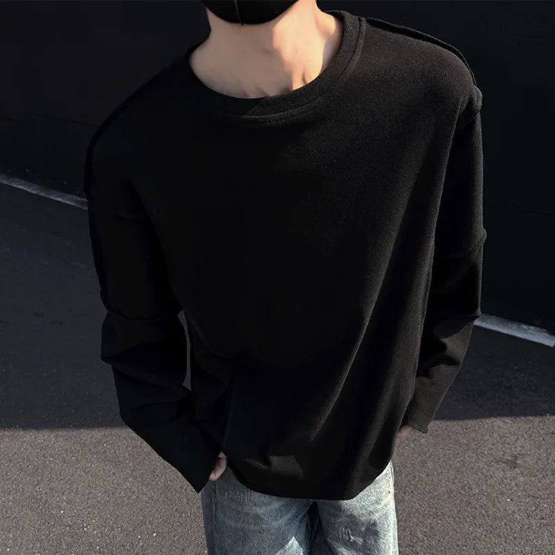 Simple Men's T-shirt Solid Color Long Sleeve Round Collar Niche Design Male Pullover Top Autumn Winter Tees