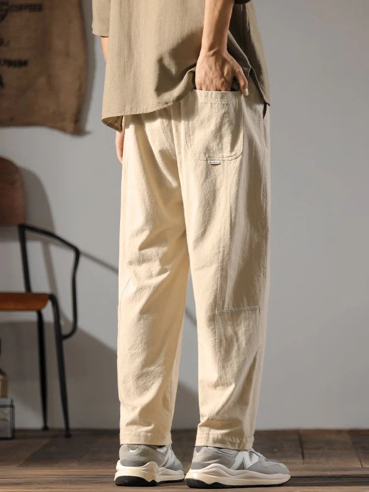 Japenese Cotton Linen Pants Men Summer Straight Casual Ice Silk Sweatpants Male Wide leg Oversize Linen Trousers New
