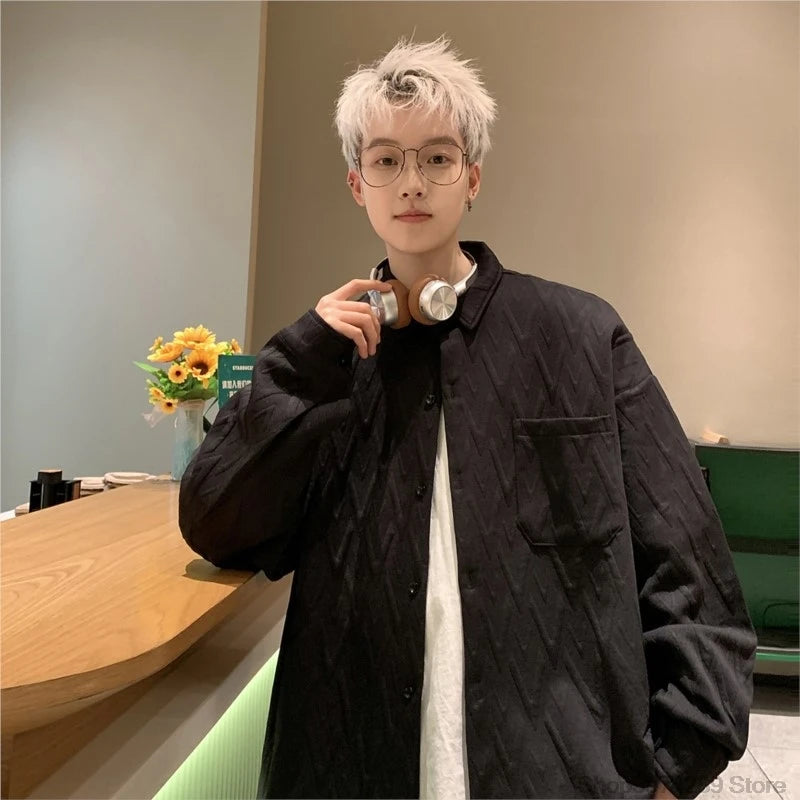 Autumn Winter Geometry Long-sleeved Shirt Men Fashion Social Mens Shirts Korean Loose Casual Blouse Men Oversized 5XL-M