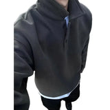 Deep Grey Polo Collar Sweatshirt Men's Spring Autumn Long Sleeve Turn Collar American Retro Jacket Loose Fit Casual Wear