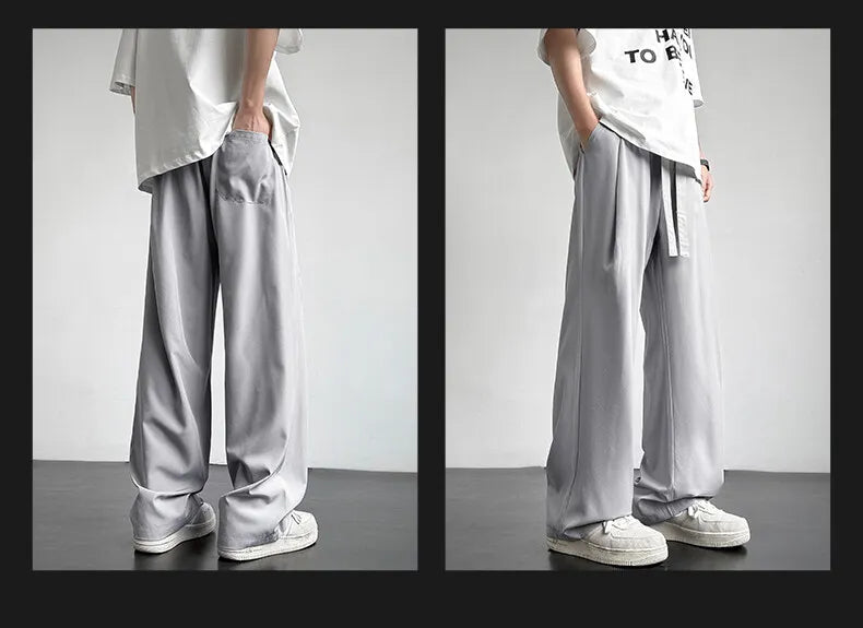 Men's Casual Straight Long Loose Pants Stretch Elastic Waist Jogger Korean Classic Blue Black Gray Male Brand Trousers Plus Size