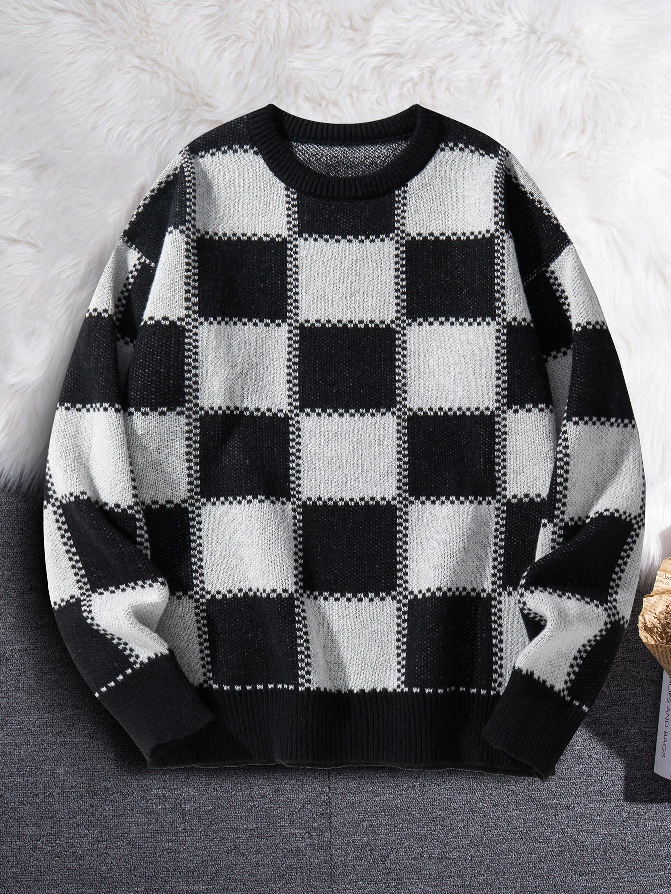 New Popular Autumn Winter Plaid Jacquard Pattern Pullover Sweater Casual Round Neck Contrast Color Knitted Men's Pullover
