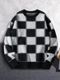 New Popular Autumn Winter Plaid Jacquard Pattern Pullover Sweater Casual Round Neck Contrast Color Knitted Men's Pullover