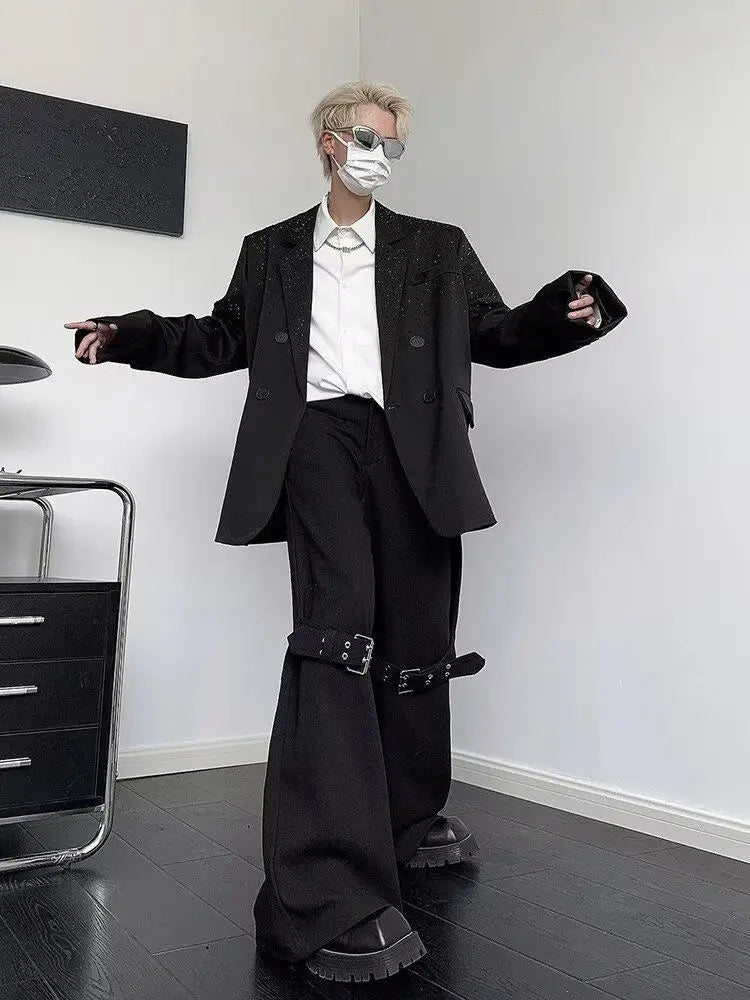 American Niche Fashion Wide-leg Pants Men's Design Dark and Handsome Elastic Waist Trousers Draped Straight-leg Floor Trousers