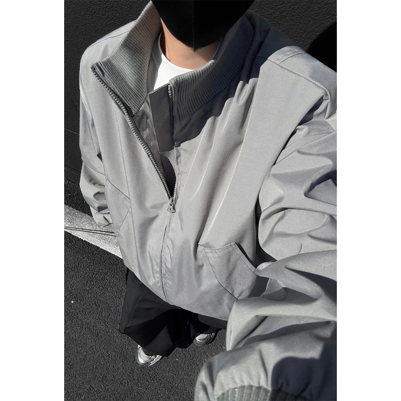 Jacket Mens Casual Jacket Solid Stand Collar Loose Fit Zipper Autumn Coat Ribbed Cuffs Relaxed Outerwear