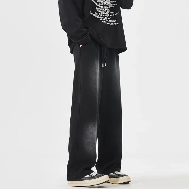 Autumn New Fashion Korean Men's Casual Pants Distressed Classic Black Baggy Straight Trousers Sweatpants Streetwear Male Clothes