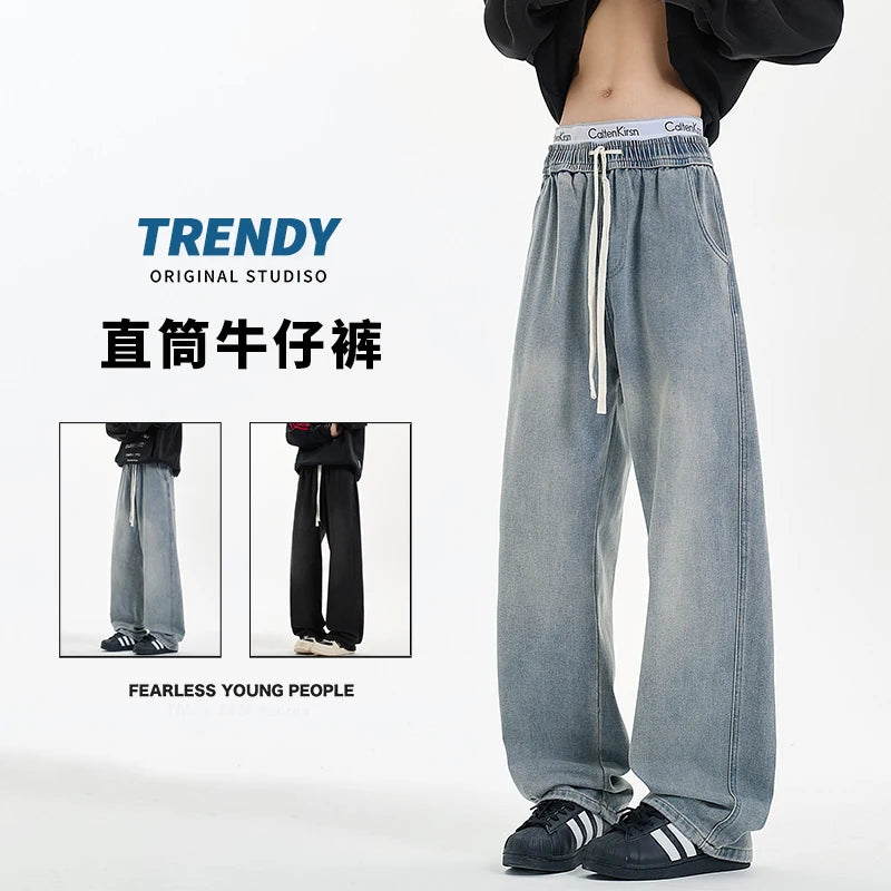 New Men's Jeans Washed Jeans Pants Unisex Drawstring Denim Pants Male Streetwear Korean Straight cylinder loose Cowboy Trousers
