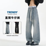 New Men's Jeans Washed Jeans Pants Unisex Drawstring Denim Pants Male Streetwear Korean Straight cylinder loose Cowboy Trousers