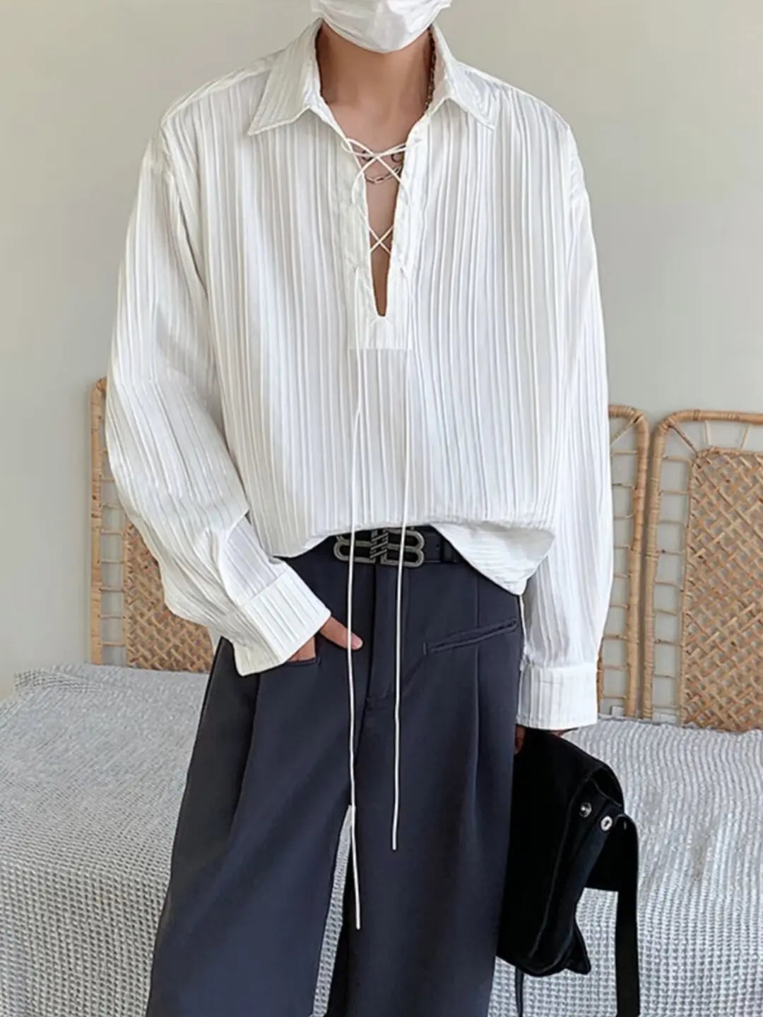 New Men's Casual Blouse Shirt Tops Long Sleeve Tee Shirt Spring Autumn Slanted Placket Vintage Shirts Renaissance Shirt