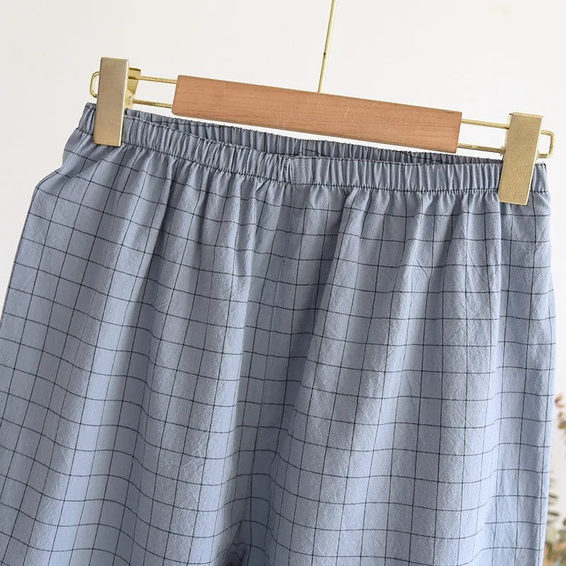 Men's Trousers Pajamas Set for Spring and Summer Thin Plaid Design Cotton Fabric Short Sleeved Long Pants Home Men Pyjama Set