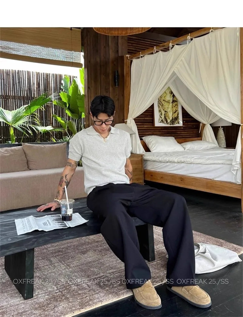 New Retro Fashion Men Suit Pants Light Luxury Draped Baggy Belt Button-down Solid Color Straight Trousers Elegant Dress Pants