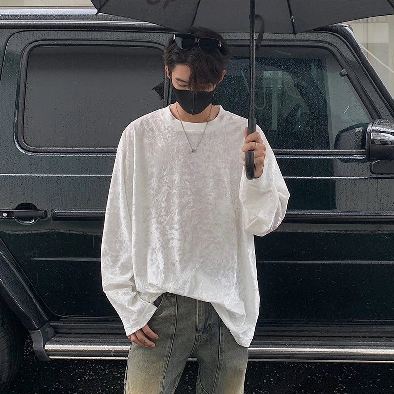 Velvet T Shirt Spring Autumn Simple Long Sleeve Tops Men's T-shirt O-neck Solid Tshirts T Shirt Men Tees Black/White