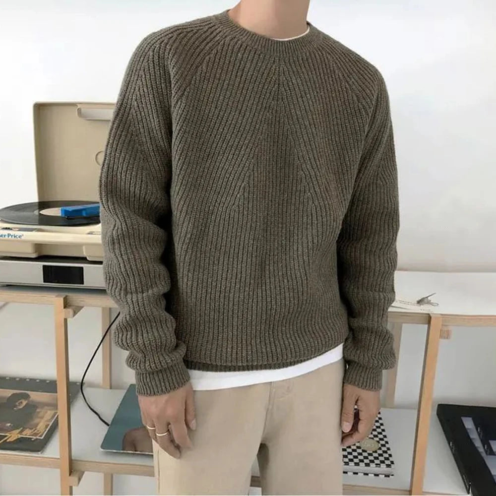 Mens Autumn Winter Korean Style Loose Round Neck Knitted Sweater Gender-Neutral Trendy Casual Solid Color Simple Sweater Unisex