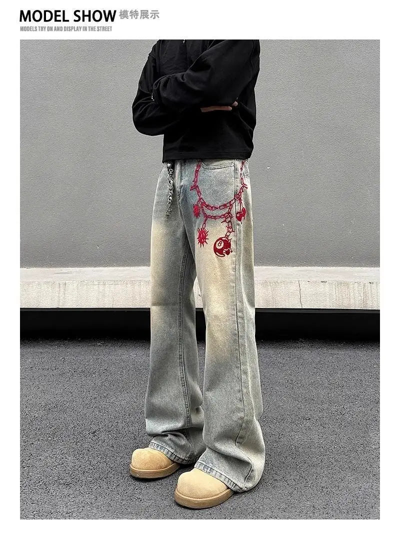 American retro men and women trend personalized embroidered straight leg washed jeans couple spring and autumn casual pants y2k