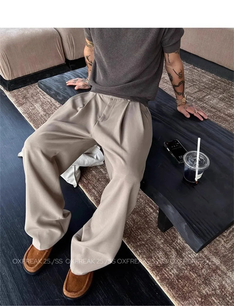 New Retro Fashion Men Suit Pants Light Luxury Draped Baggy Belt Button-down Solid Color Straight Trousers Elegant Dress Pants