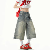 Jeans Men Washed Denim Cropped Pants Patchwork Design Summer Cool Wide Leg Breathable Jeans Casual Fashion Lightweight Trendy