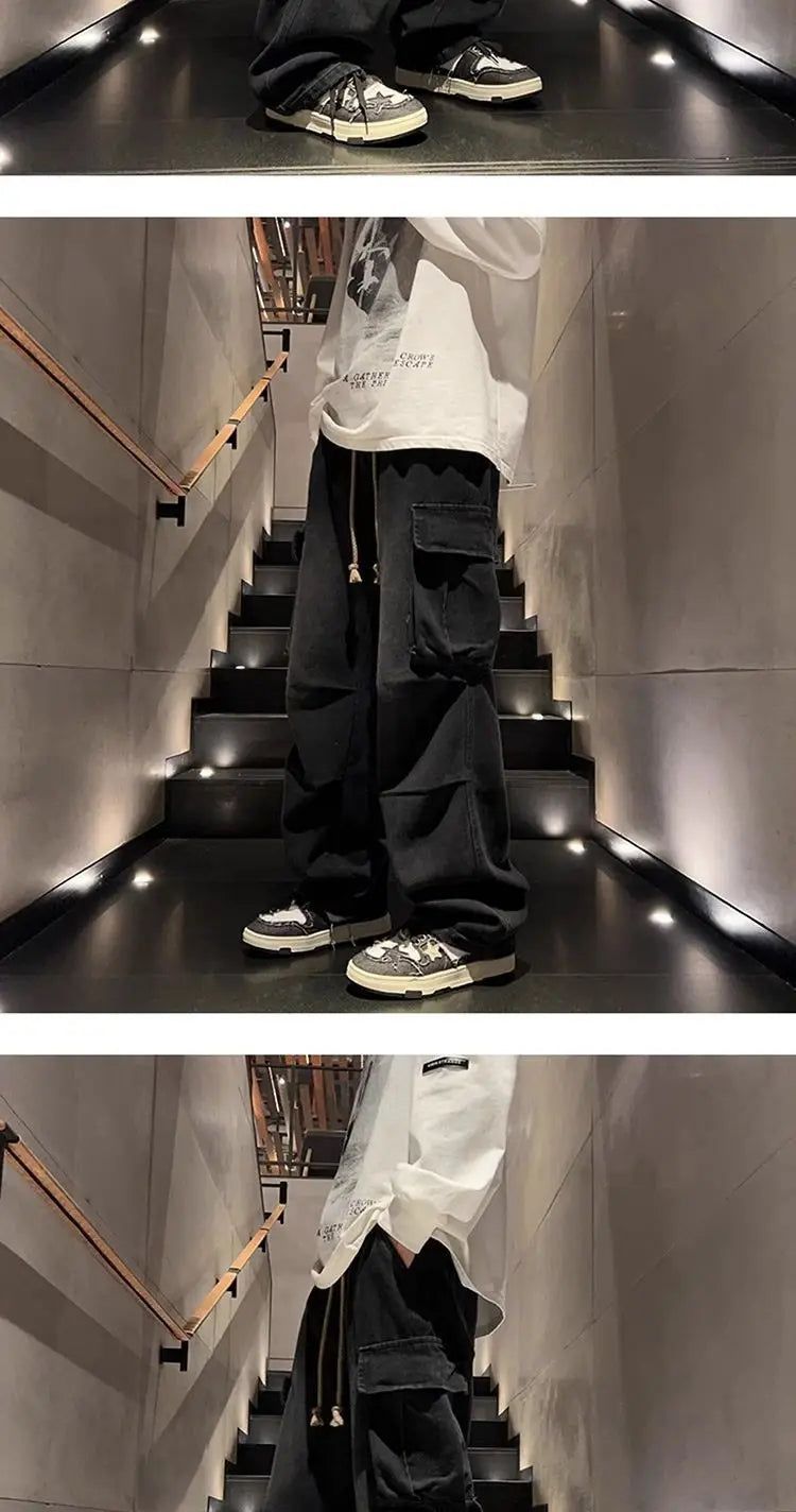 High street hip-hop men and women trendy personality large pocket straight leg washed denim jeans couple retro casual pants y2k